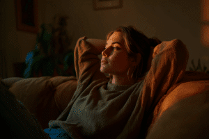 Une femme détendue, posée sur un canapé dans une lumière dorée.